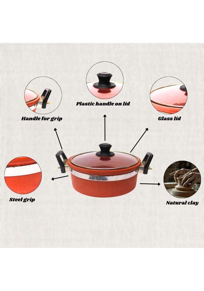 Terra Charms Clay Kadhai Wok with Glass Lid Pure Mitti Deep Cooking Kadai | 2.5 L | 2.6 Qt | Handcrafted - Indya