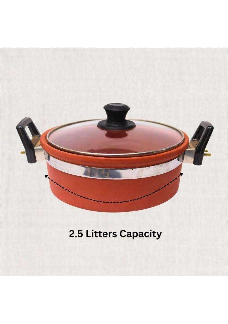 Terra Charms Clay Kadhai Wok with Glass Lid Pure Mitti Deep Cooking Kadai | 2.5 L | 2.6 Qt | Handcrafted - Indya