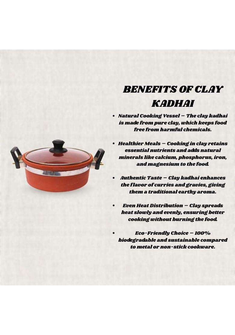 Terra Charms Clay Kadhai Wok with Glass Lid Pure Mitti Deep Cooking Kadai | 2.5 L | 2.6 Qt | Handcrafted - Indya