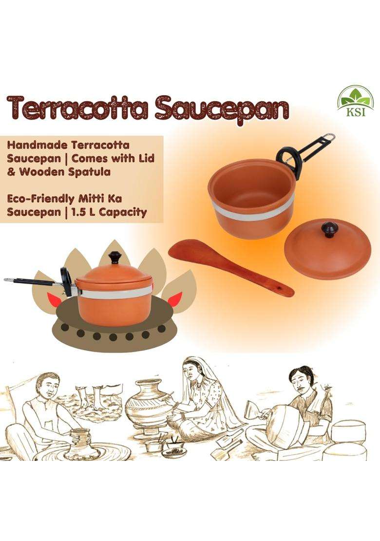 KSI Handmade Terracotta Clay Saucepan with Lid and Wooden Spatula | 1.5 L | 1.6 Qt | Non-Toxic - Indya