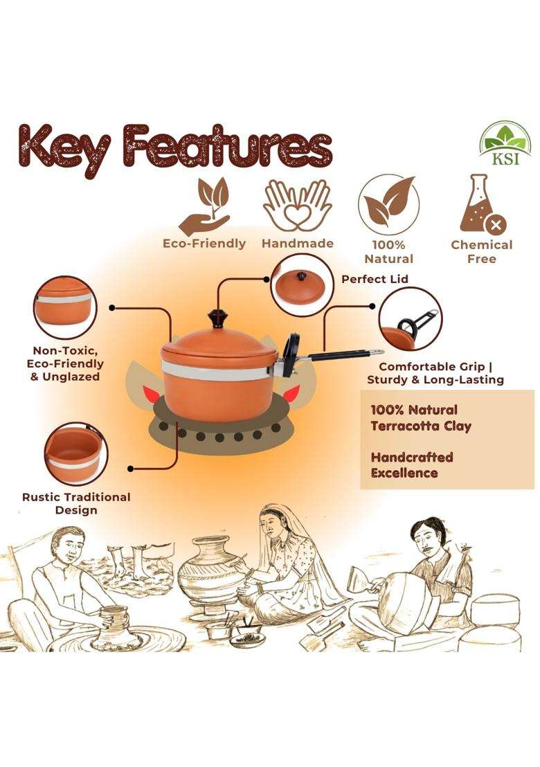 KSI Handmade Terracotta Clay Saucepan with Lid and Wooden Spatula | 1.5 L | 1.6 Qt | Non-Toxic - Indya