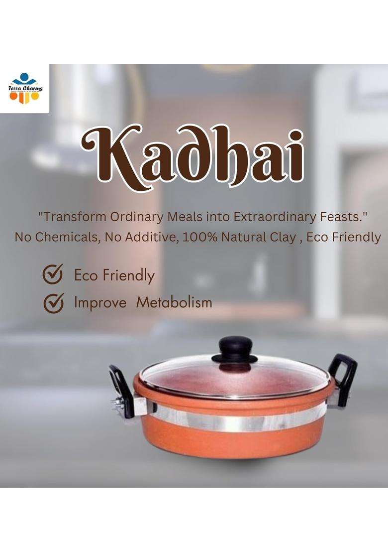 Terra Charms Clay KadhaiTraditional Naturally Healhty Clay Kadhai Wok for Making Tasty Food | 2 L | 2.1 Qt | With Lid - Indya