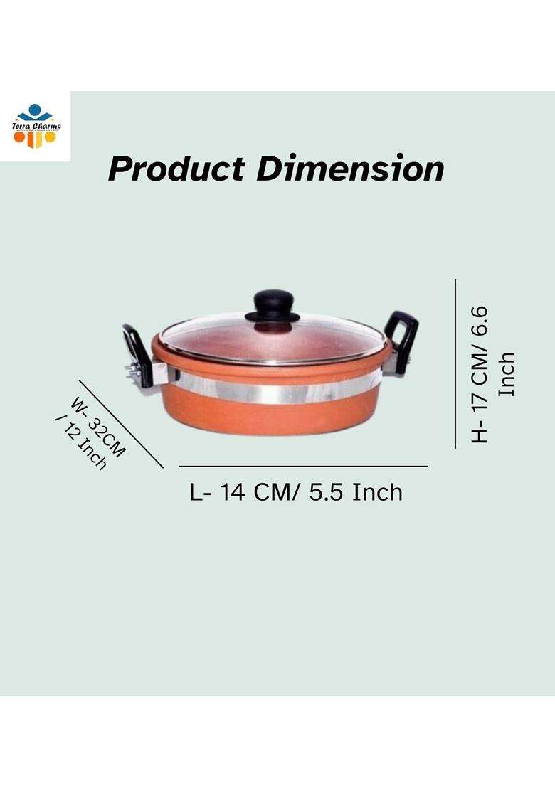 Terra Charms Clay KadhaiTraditional Naturally Healhty Clay Kadhai Wok for Making Tasty Food | 2 L | 2.1 Qt | With Lid - Indya