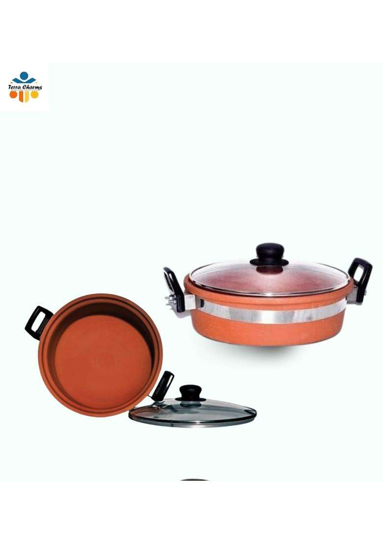 Terra Charms Clay KadhaiTraditional Naturally Healhty Clay Kadhai Wok for Making Tasty Food | 2 L | 2.1 Qt | With Lid - Indya