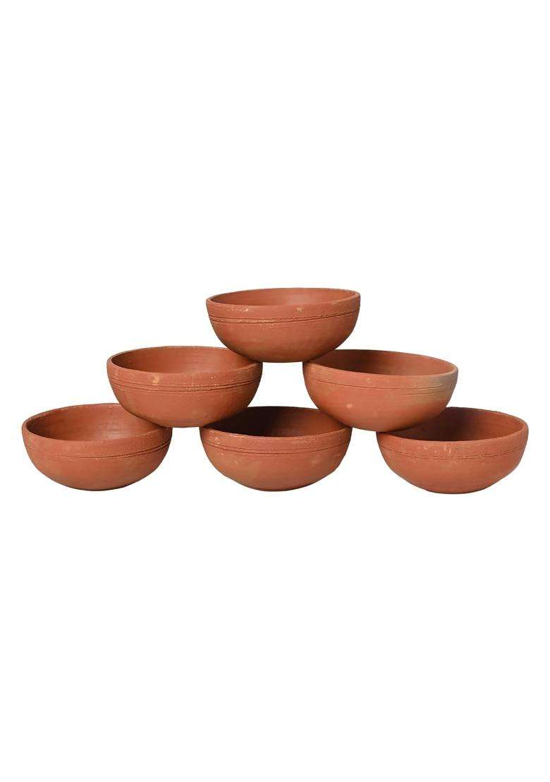KSI Handmade Terracotta Clay Bowl Set Earthen Katori for Soup Dal Curry Kadhi Wok | 250 ml | 8.5 fl oz | Pack of 6 | Non-Toxic - Indya
