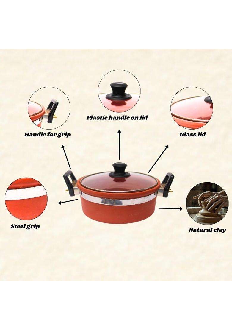 Terra Charms Clay Kadhai Wok with Glass Lid | 2.5 L | 2.6 Qt - Indya