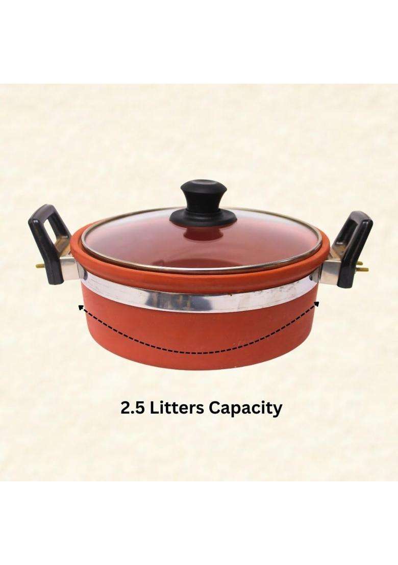Terra Charms Clay Kadhai Wok with Glass Lid | 2.5 L | 2.6 Qt - Indya