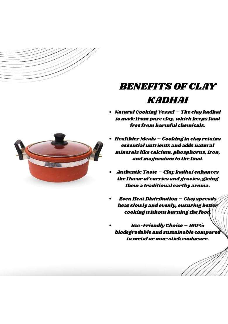 Terra Charms Clay Kadhai Wok | 1.5 L | 1.6 Qt | Handcrafted - Indya