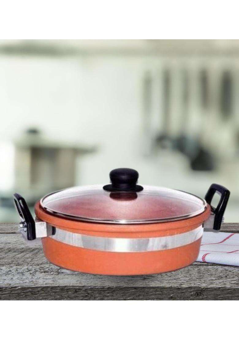 Terra Charms Clay KadhaiTraditional Design Handmade Mitti Ka Kadhai Wok | 2 L | 2.1 Qt | With Lid - Indya