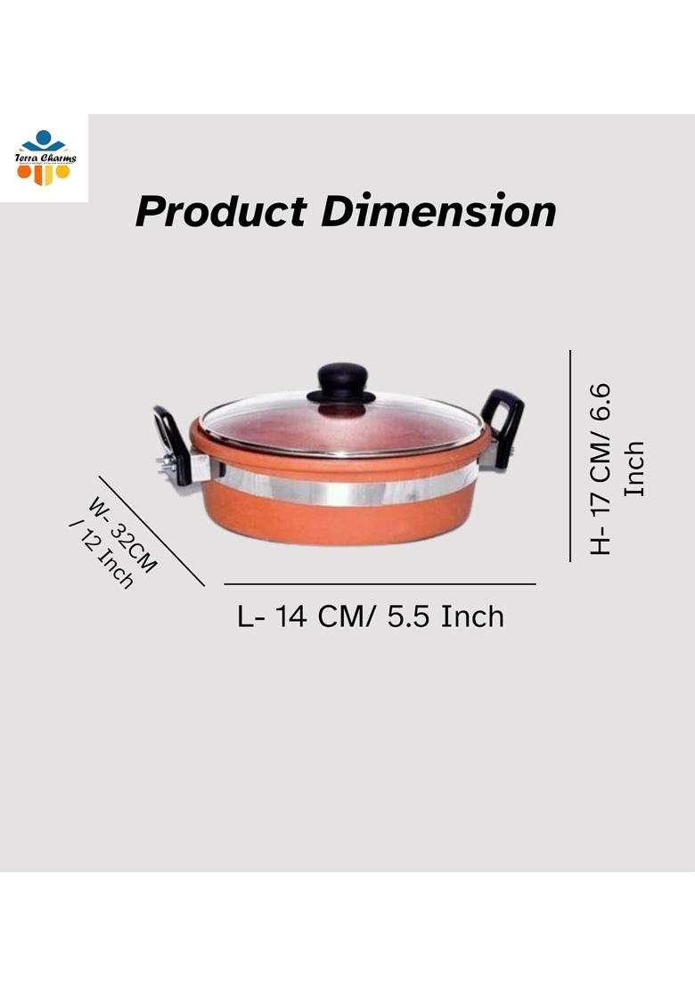 Terra Charms Clay KadhaiTraditional Design Handmade Mitti Ka Kadhai Wok | 2 L | 2.1 Qt | With Lid - Indya