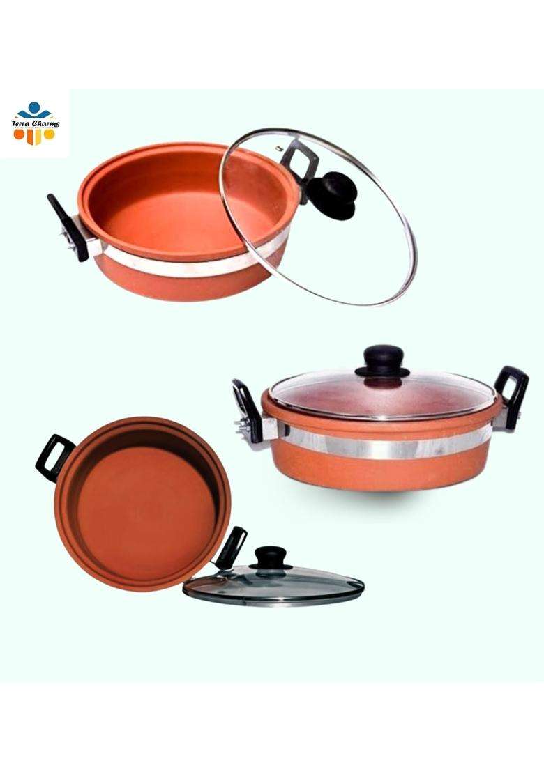 Terra Charms Clay KadhaiTraditional Design Handmade Mitti Ka Kadhai Wok | 2 L | 2.1 Qt | With Lid - Indya