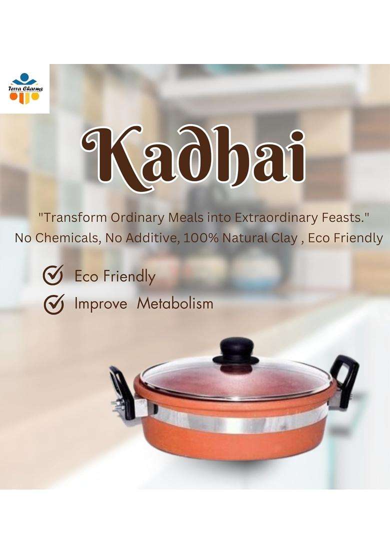 Terra Charms Clay KadhaiIndian Mitti Ka Kadhai Wok for Purspse Healthy Cooking | 2 L | 2.1 Qt | With Lid - Indya