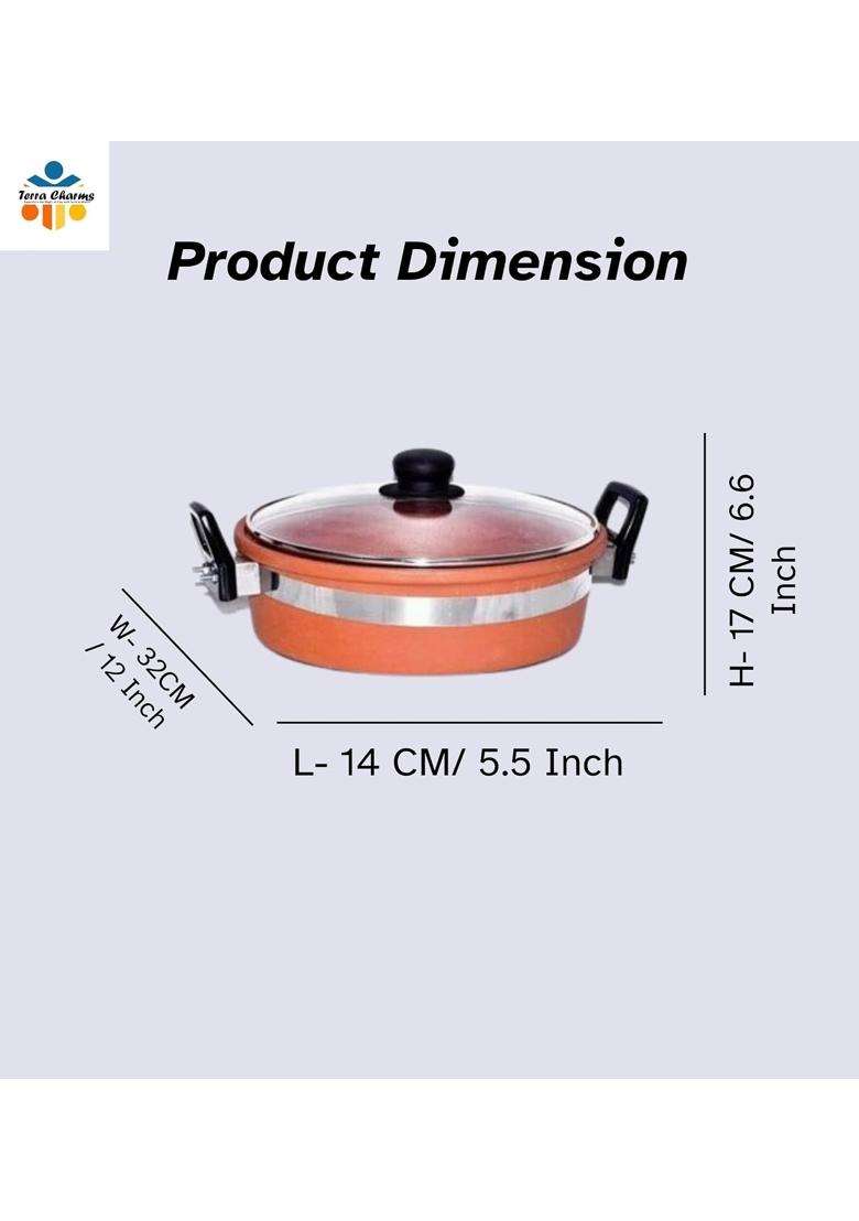 Terra Charms Clay KadhaiIndian Mitti Ka Kadhai Wok for Purspse Healthy Cooking | 2 L | 2.1 Qt | With Lid - Indya