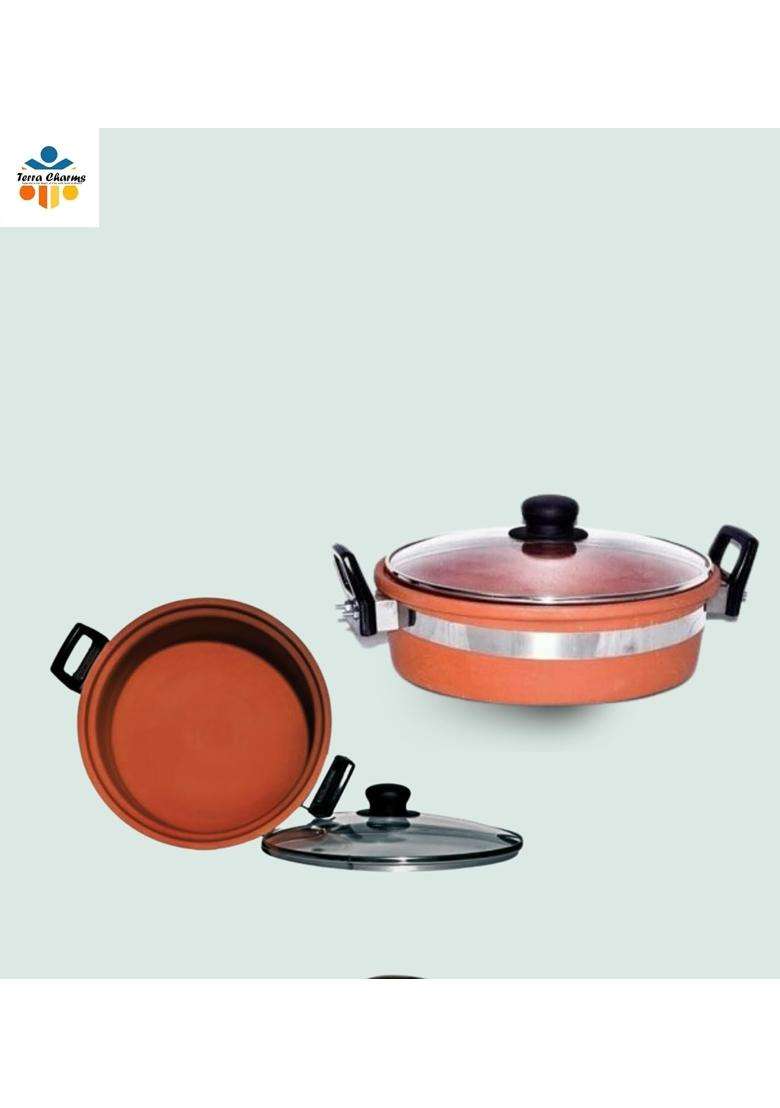 Terra Charms Clay KadhaiIndian Mitti Ka Kadhai Wok for Purspse Healthy Cooking | 2 L | 2.1 Qt | With Lid - Indya