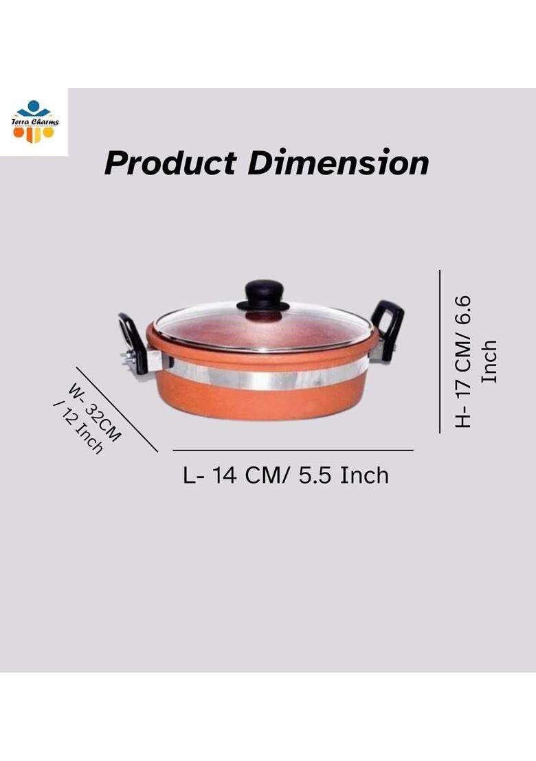 Terra Charms Clay KadhaiPremium Clay Kadhai Wok Handcrafted for Even Heat Distribution | 2 L | 2.1 Qt | With Lid - Indya