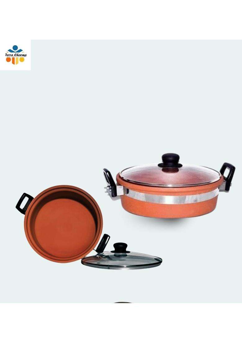 Terra Charms Clay KadhaiPremium Clay Kadhai Wok Handcrafted for Even Heat Distribution | 2 L | 2.1 Qt | With Lid - Indya