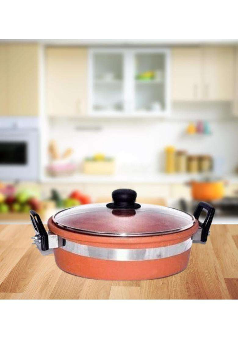 Terra Charms Clay KadhaiStylish Design Terracotta Clay Kadhai Wok | 2 L | 2.1 Qt | With Lid - Indya
