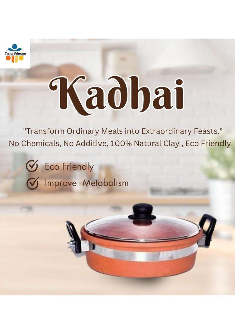 Terra Charms Clay KadhaiStylish Design Terracotta Clay Kadhai Wok | 2 L | 2.1 Qt | With Lid - Indya