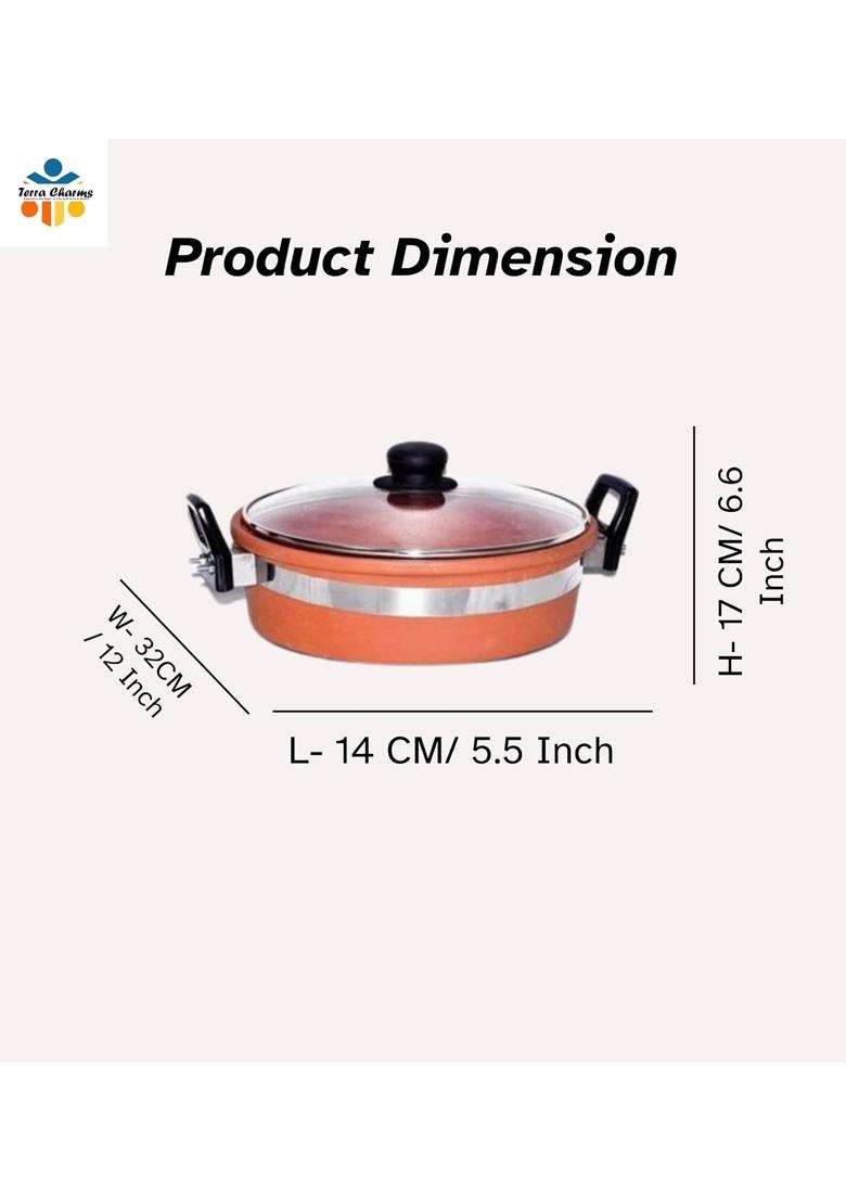 Terra Charms Clay KadhaiStylish Design Terracotta Clay Kadhai Wok | 2 L | 2.1 Qt | With Lid - Indya
