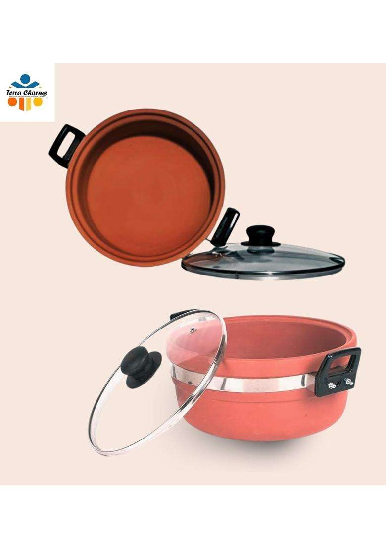 Terra Charms Clay KadhaiOrganic Clay Kadhai Wok Enhance Your Cooking Experience | 1.5 L | 1.6 Qt | With Lid - Indya