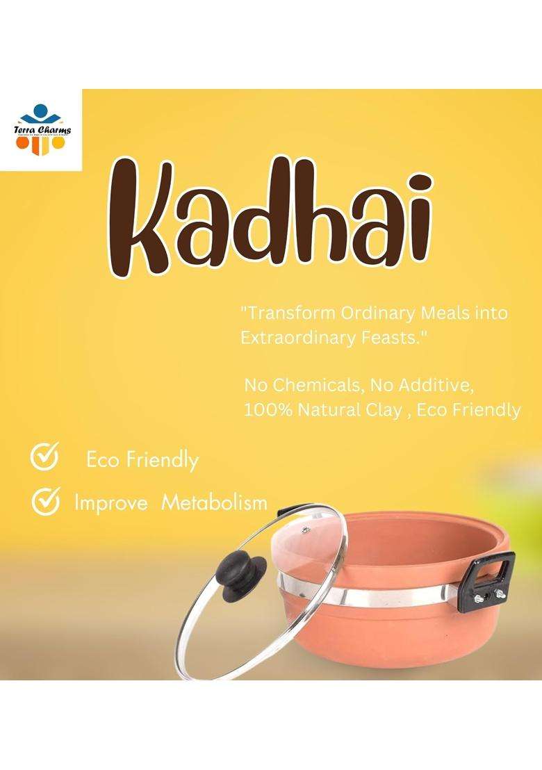 Terra Charms Clay KadhaiArtisan Clay Kadhai Wok Handmade Excellence for Gourmet Cooking | 1.5 L | 1.6 Qt | With Lid - Indya