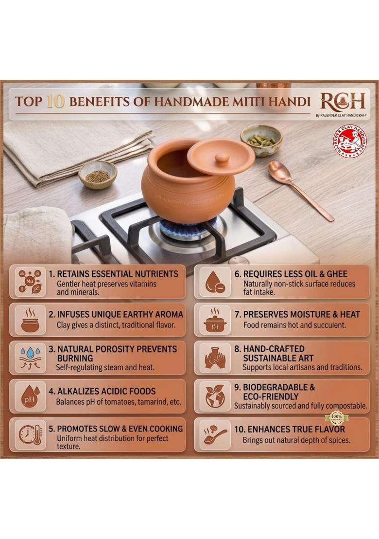 RAJENDER CLAY HANDICRAFT Mitti Handi Clay Pot for Cooking | 2 L | 2.1 Qt | Handcrafted - Indya