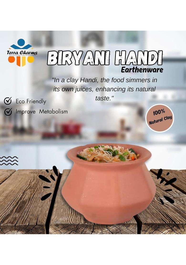 Terra Charms Clay Pot for Making Cooking and Serving Biryani Handi Biryani Pot Clay Handi for Kitchen | 1800 ml | 60.9 fl oz - Indya