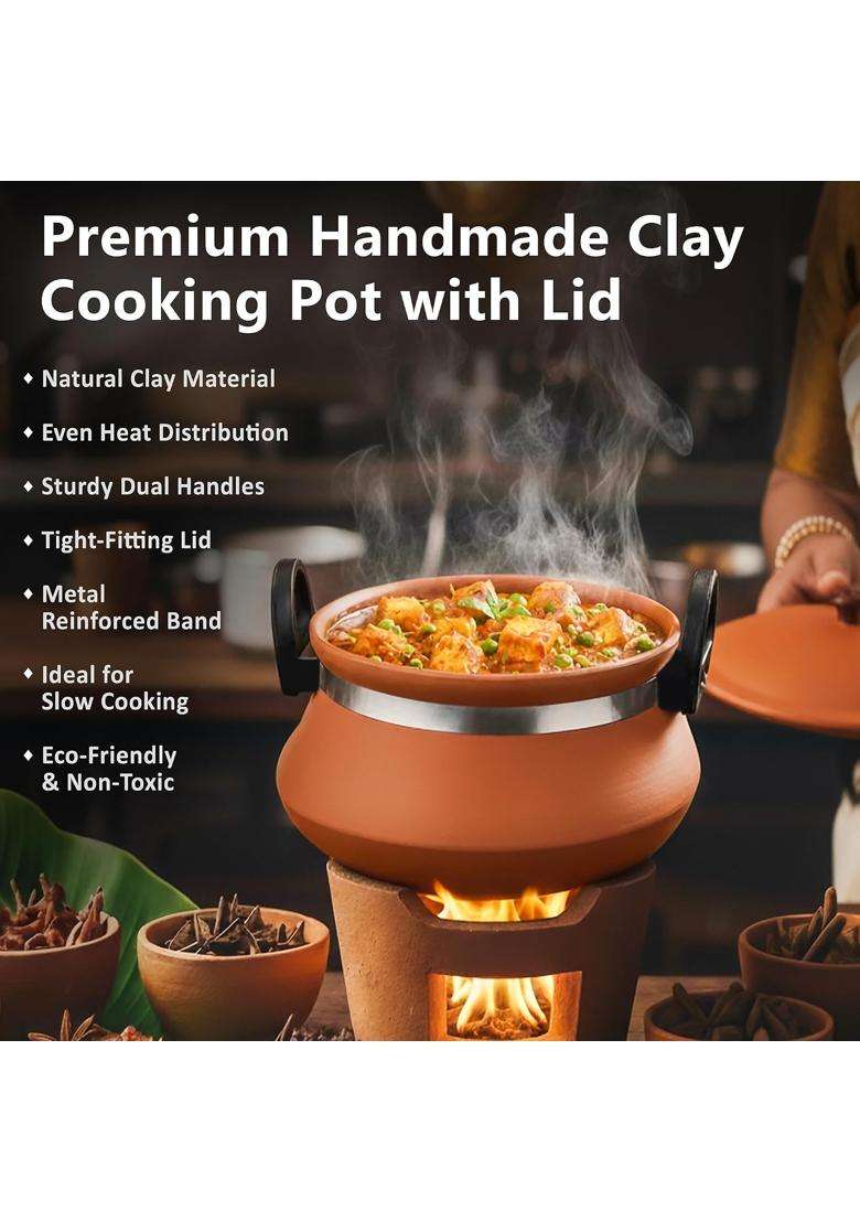 B S NATURAL Handmade Clay Handi with Lid - Indya