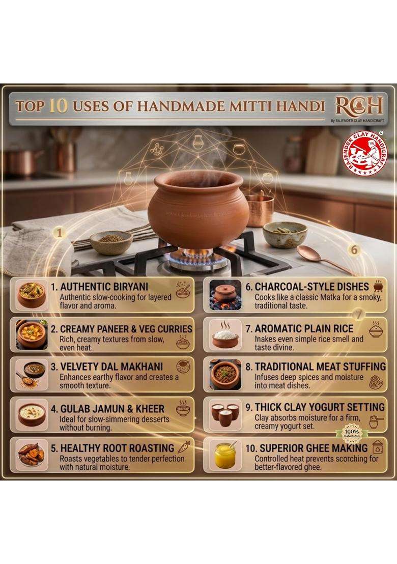 RAJENDER CLAY HANDICRAFT Mitti Handi Clay Pot for Cooking | 4 L | 4.2 Qt | Handcrafted - Indya
