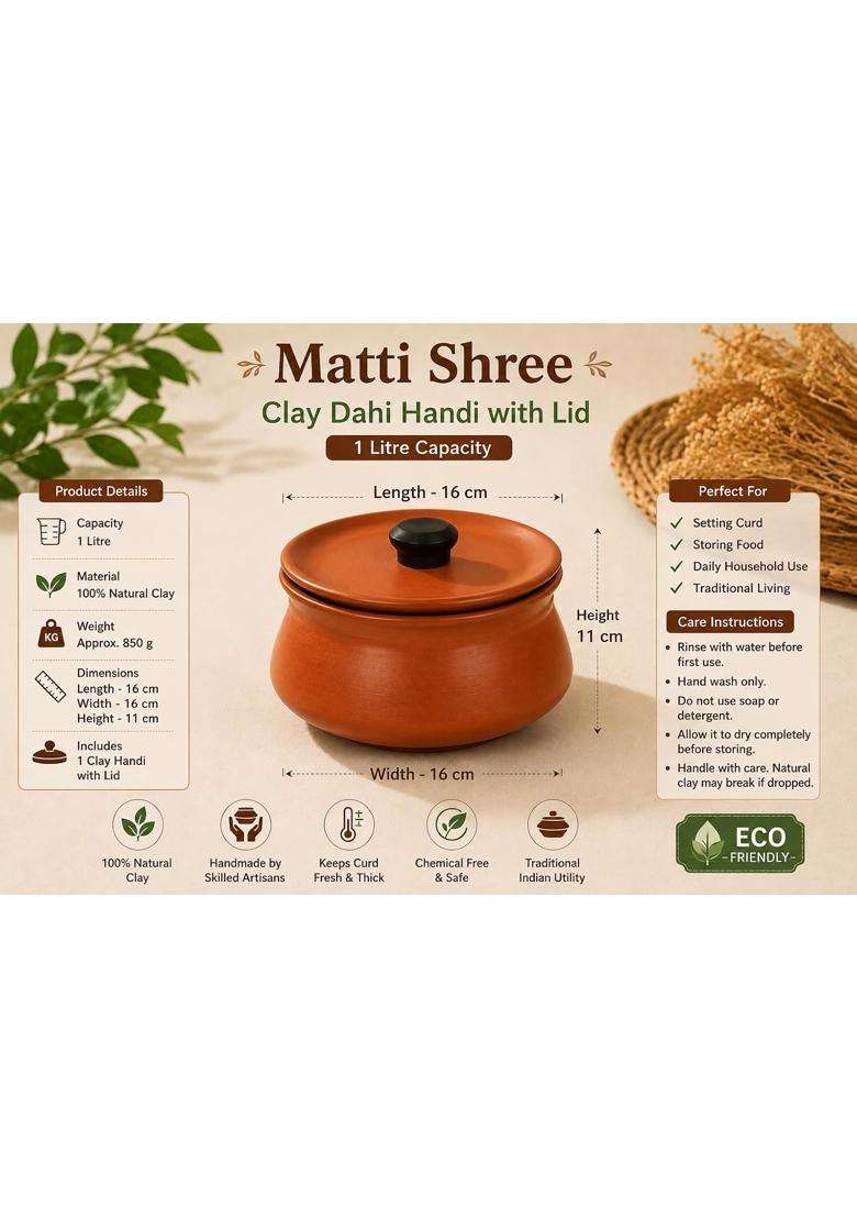 Matti Shree Handmade Clay Biryani Pot with Lid | 1 L | 1.1 Qt | Pre-Seasoned | Microwave Safe | Unglazed - Indya