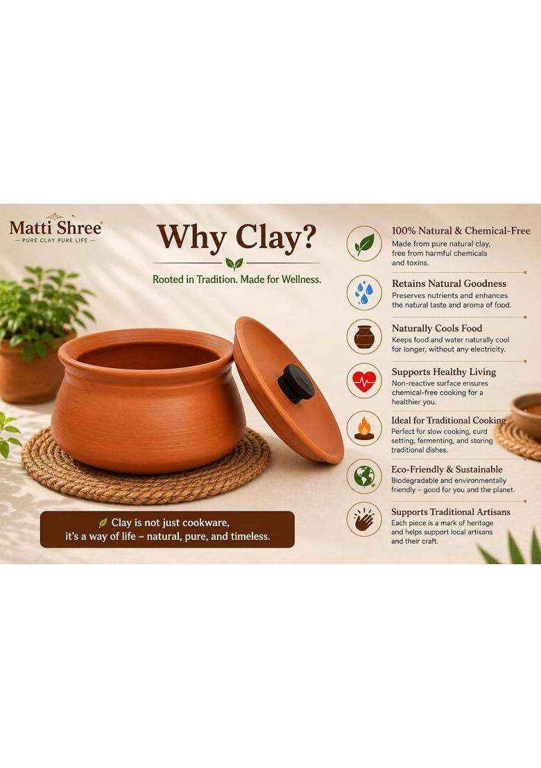 Matti Shree Handmade Clay Biryani Pot with Lid | 1 L | 1.1 Qt | Pre-Seasoned | Microwave Safe | Unglazed - Indya