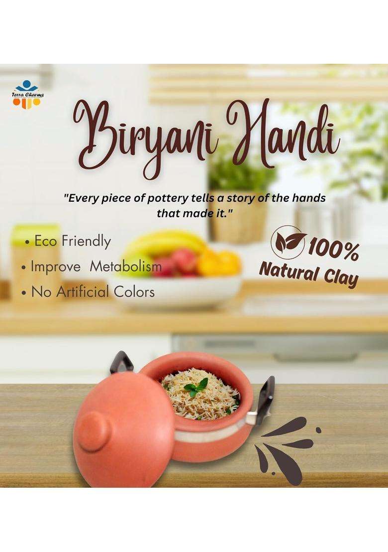 Terra Charms Terracotta Organic Clay Handi Cooking Pot for Biryani Cooking and Serving Handi | 2.5 L | 2.6 Qt - Indya