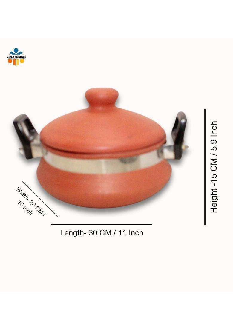 Terra Charms Terracotta Organic Clay Handi Cooking Pot for Biryani Cooking and Serving Handi | 2.5 L | 2.6 Qt - Indya