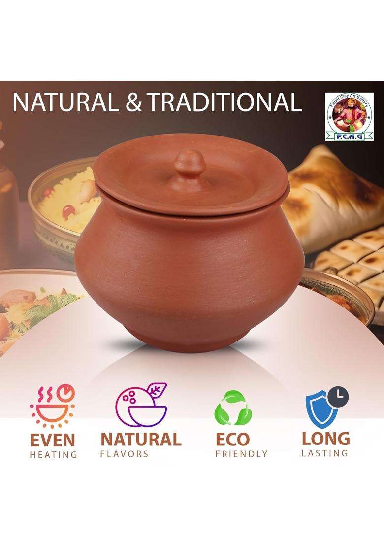 PALVIT CLAY ART GALLERY Biryani Handi Biryani Pot Pot for Cooking and Serving with Lid Stylish Clay Curd Pot Mitti | 800 ml | 27.1 fl oz - Indya
