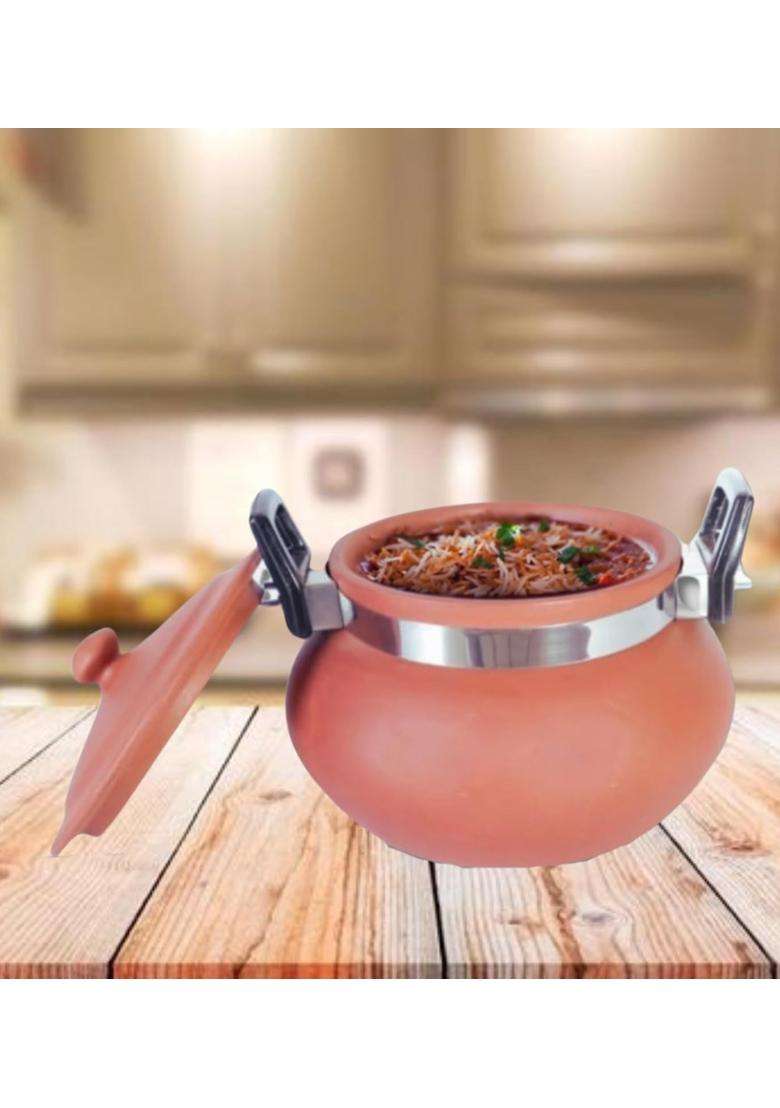 Terra Charms Terracotta Organic Clay Pot Cooking and Serving Biryani Handi Biryani Pot for Cooking | 1.5 L | 1.6 Qt | With Lid - Indya