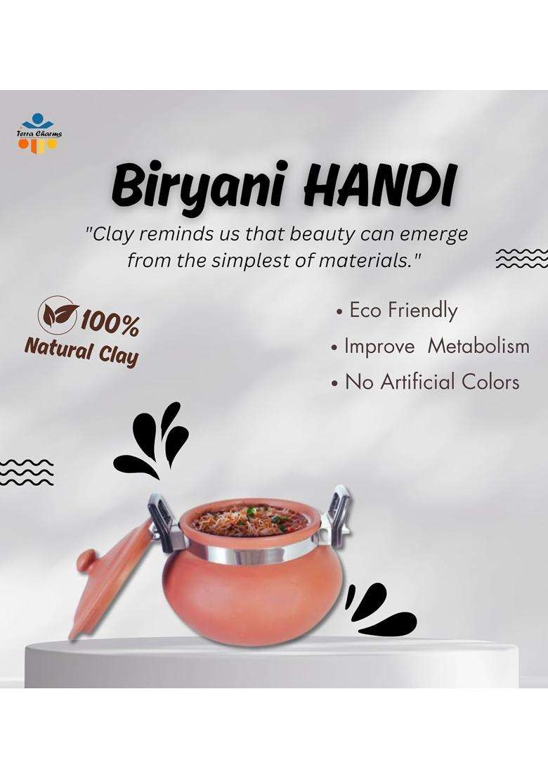 Terra Charms Terracotta Organic Clay Pot Cooking and Serving Biryani Handi Biryani Pot for Cooking | 1.5 L | 1.6 Qt | With Lid - Indya