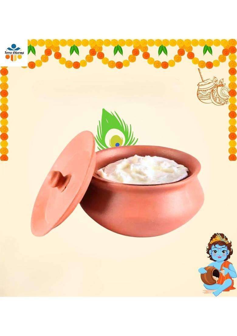 Terra Charms Pure Clay Handi with Lid | 1 L | 1.1 Qt | Lead Free | Unglazed - Indya