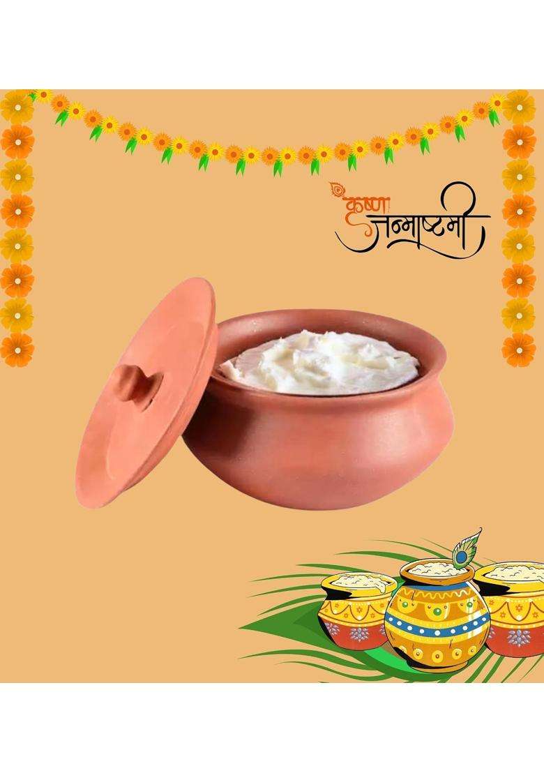 Terra Charms Pure Clay Handi with Lid | 1 L | 1.1 Qt | Lead Free | Unglazed - Indya