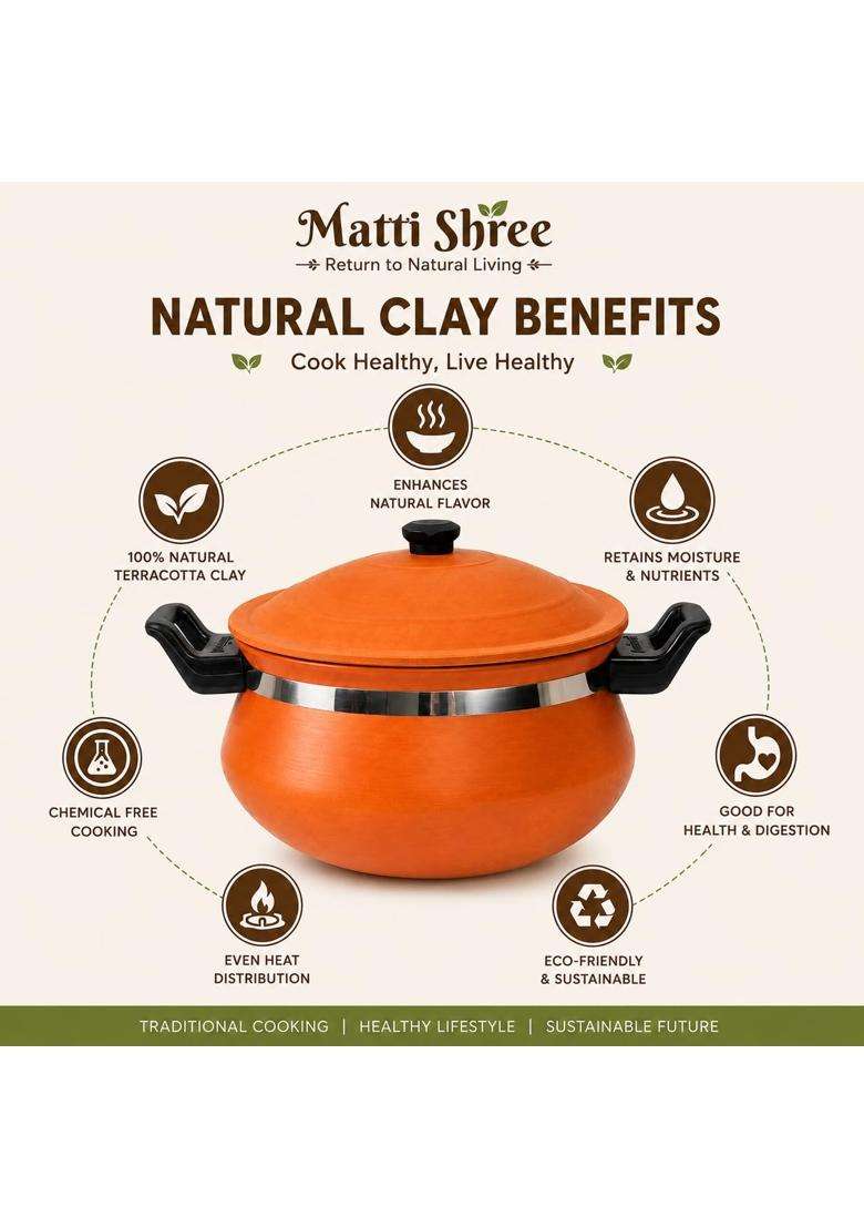 Matti Shree Earthen Clay Cooking Pot with Lid- Red | 2 L | 2.1 Qt - Indya