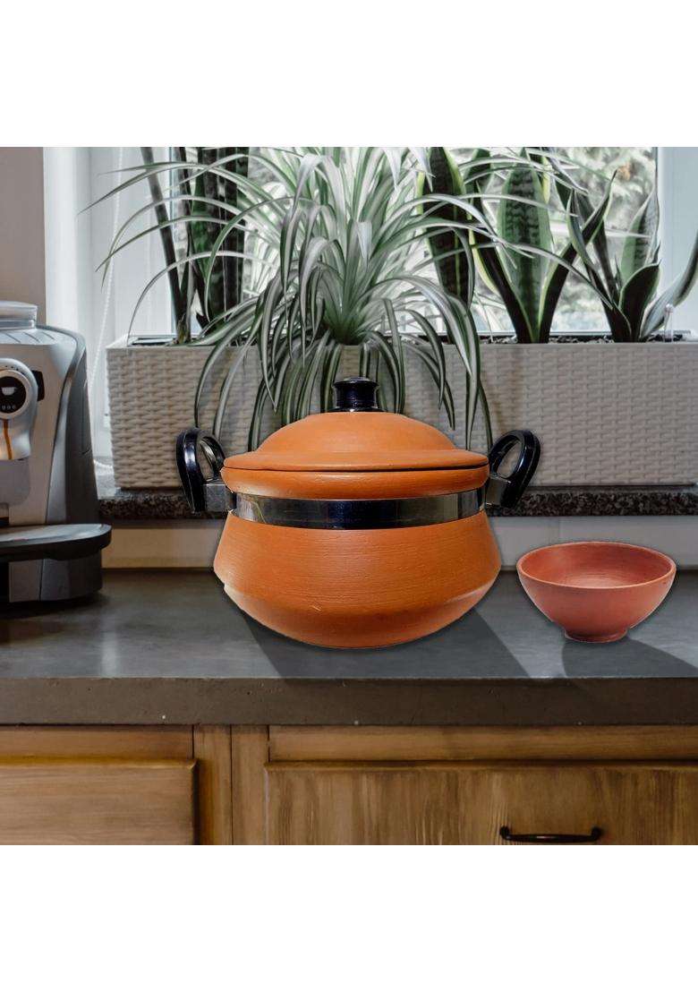 KSI Handi Cooking Serving Lid Bowl Wooden Spatula Combo Clay Pot Terracotta | 3 L | 3.2 Qt | 3-Piece Set | Handcrafted - Indya