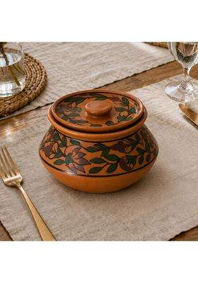 KALAKRITI Hand-Painted Brown Floral Ceramic Handi with Lid | 500 ml | 16.9 fl oz