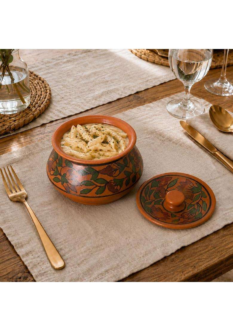 KALAKRITI Hand-Painted Brown Floral Ceramic Handi with Lid | 500 ml | 16.9 fl oz - Indya