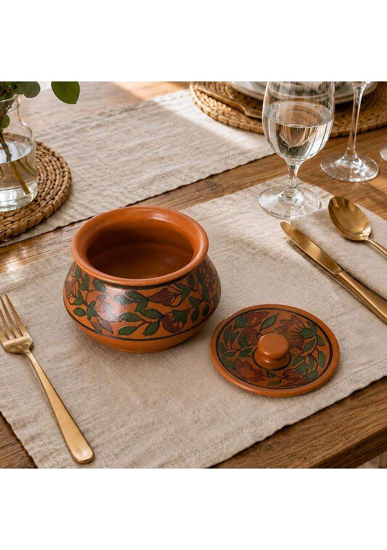 KALAKRITI Hand-Painted Brown Floral Ceramic Handi with Lid | 500 ml | 16.9 fl oz - Indya