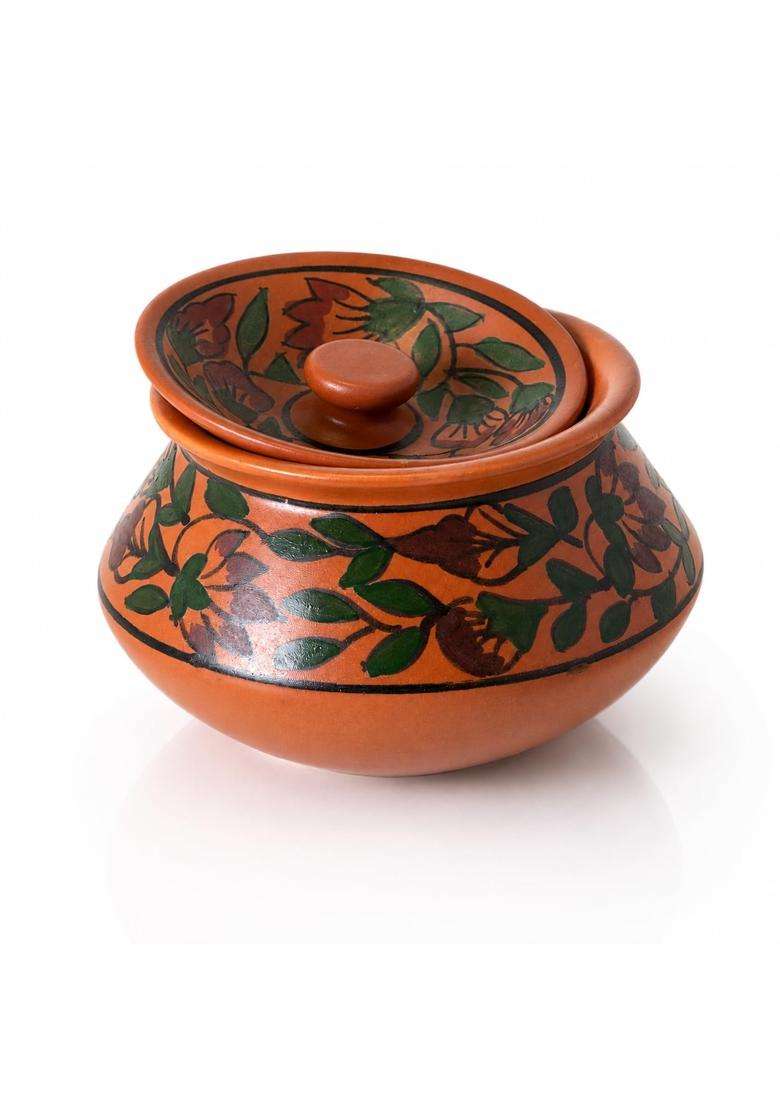 KALAKRITI Hand-Painted Brown Floral Ceramic Handi with Lid | 500 ml | 16.9 fl oz - Indya