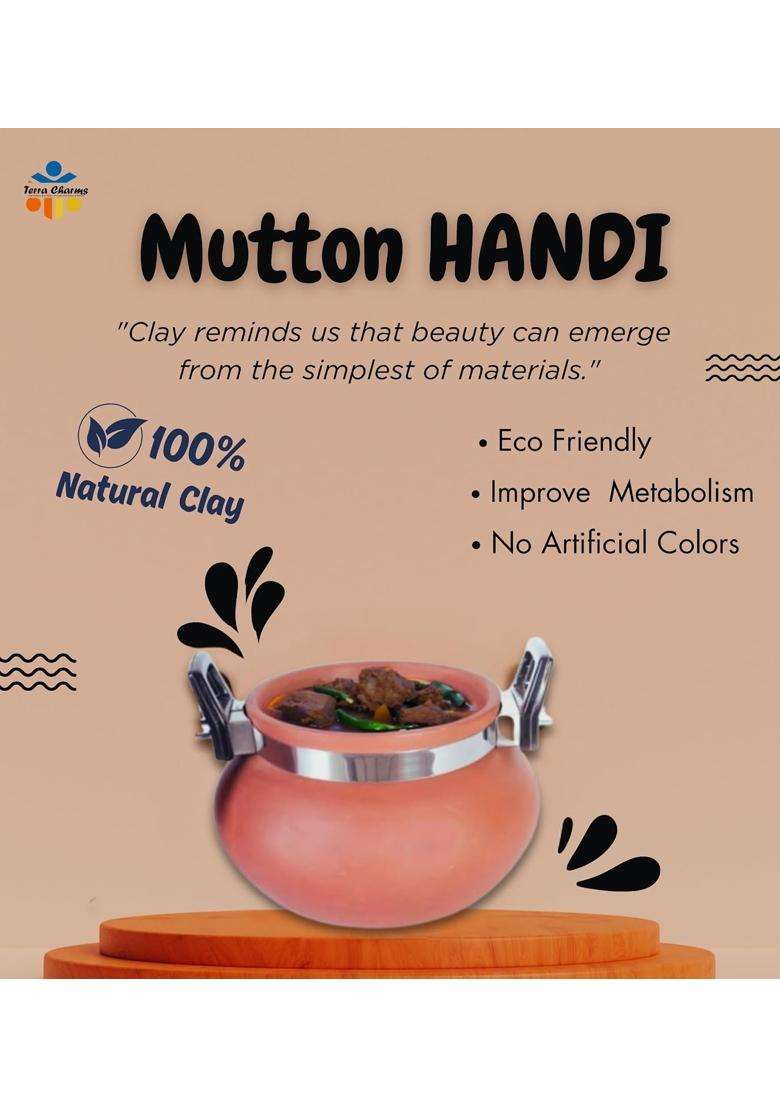 Terra Charms Terracotta Organic Clay Pot Cooking and Serving for Mutton Handi for Cooking | 1.5 L | 1.6 Qt | With Lid - Indya
