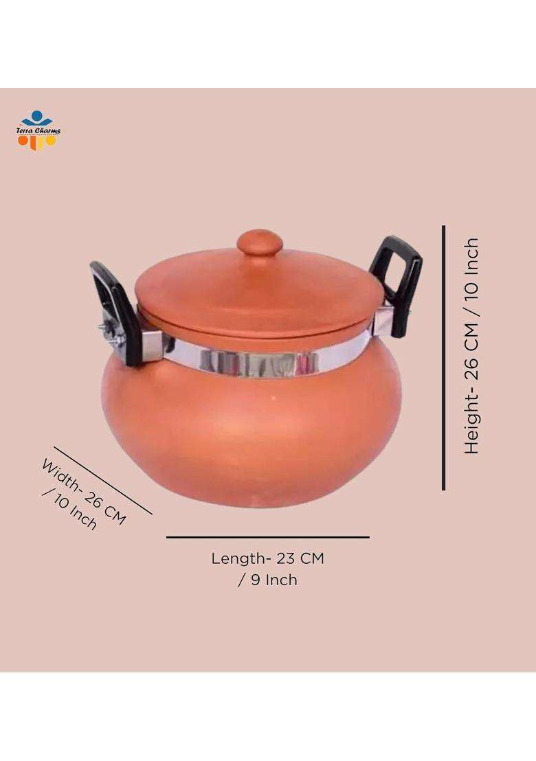 Terra Charms Terracotta Organic Clay Pot Cooking and Serving for Mutton Handi for Cooking | 1.5 L | 1.6 Qt | With Lid - Indya