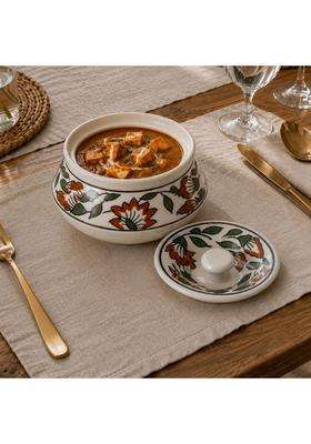 KALAKRITI Microwave Safe Orange Floral Ceramic Handi with Lid | 500 ml | 16.9 fl oz