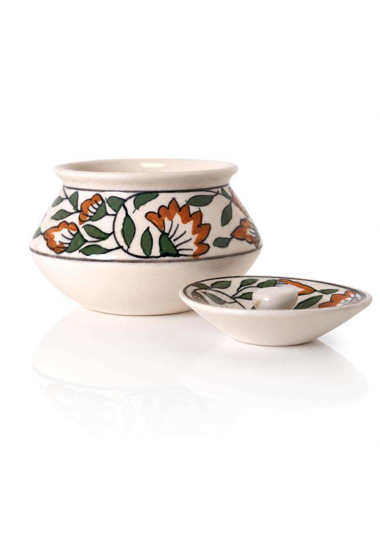 KALAKRITI Microwave Safe Orange Floral Ceramic Handi with Lid | 500 ml | 16.9 fl oz - Indya