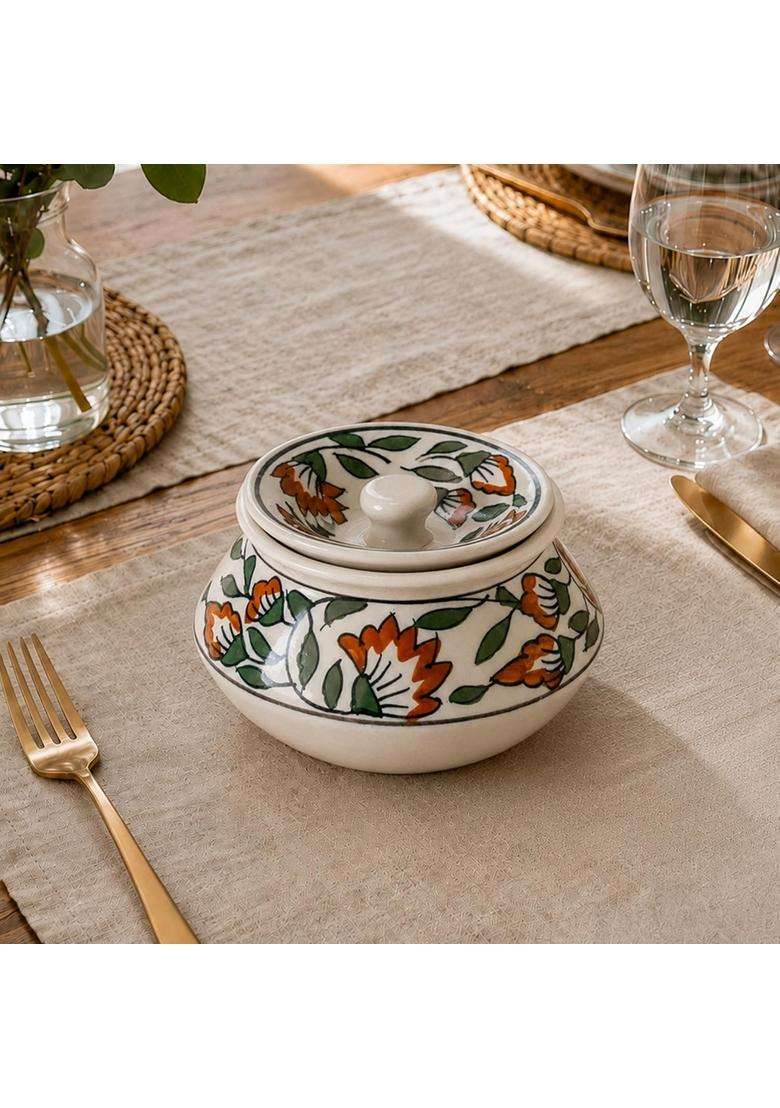 KALAKRITI Microwave Safe Orange Floral Ceramic Handi with Lid | 500 ml | 16.9 fl oz - Indya