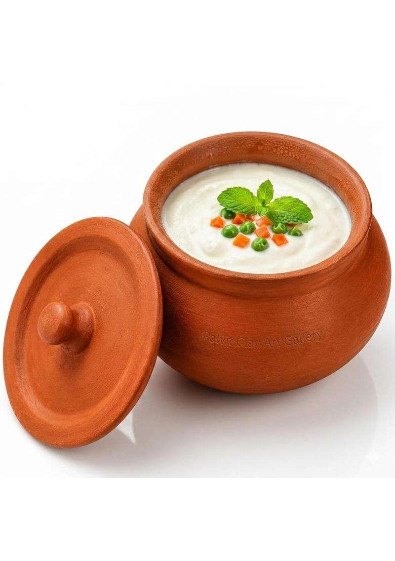 Bhanvi Handmade Clay Mathni Handi with Lid for Dal | 500 ml | 16.9 fl oz - Indya